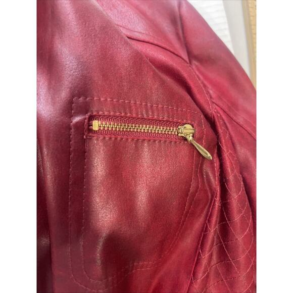 Chicos Sz L (2) Red Faux Full Zip Jacket Light Weight Pockets Lined Gold Holiday - Picture 7 of 8